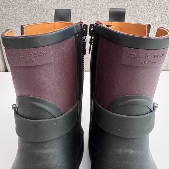 Rag & Bone Shoes Women 37 Black Moto Rubber Rain Boot Zip Strap Stud Detail - Picture 10 of 16